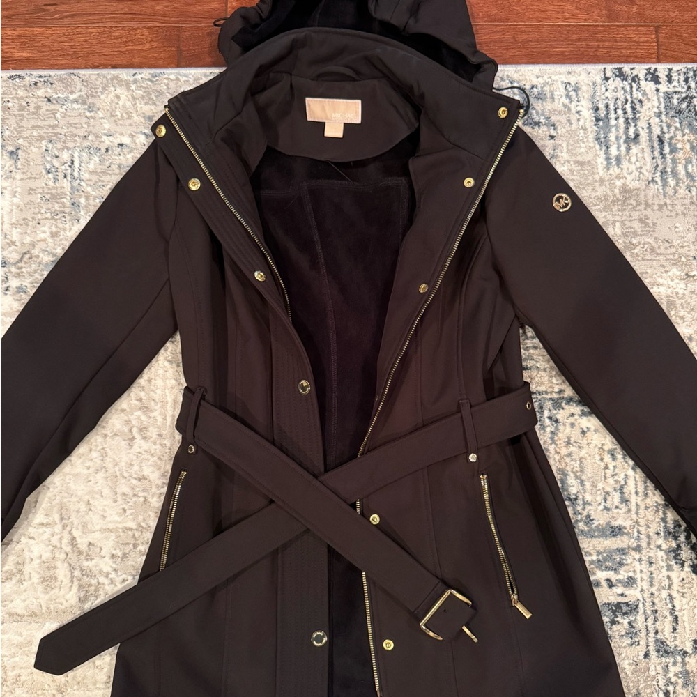 MICHAEL Michael Kors Black and Gold Trench Coat with Belted Waist